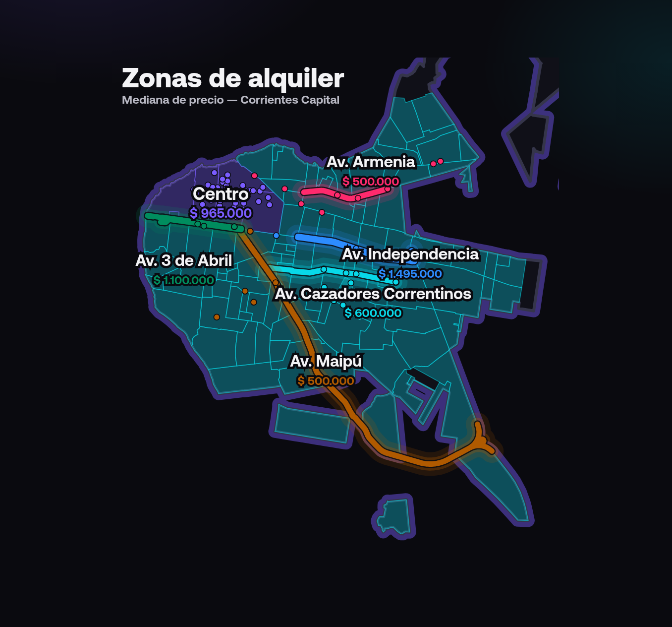 Mapa geolocalizado de alquiler de locales comerciales en las principales avenidas de Corrientes capital